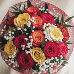 FLAMES OF JOY - Red, Yellow and Orange Roses, Greenery and Gypsophila