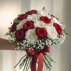 PASSION AND PURITY - White and Red Roses with Gypsophila