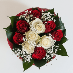 PASSION AND PURITY - White and Red Roses with Gypsophila