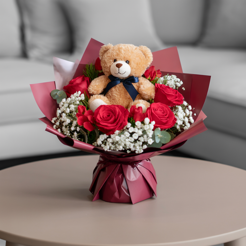 Bouquet medio di Rose Rosse con peluche incluso | Consegna Fiori a Domicilio per Festa della Donna, SAN VALENTINO