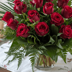 ROSE ENCHANTMENT - Bowl of Red Roses and Decorative Greenery
