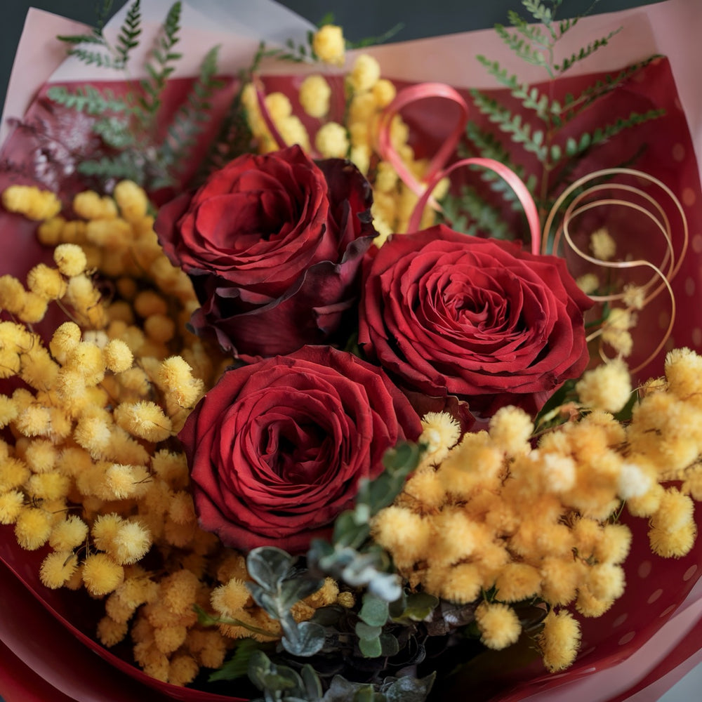 THE MOST IMPORTANT WOMAN - Red Roses with Mimosa (3 to 50 Roses)