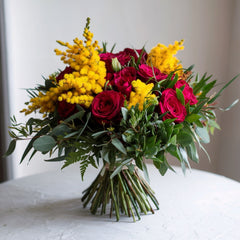 THE MOST IMPORTANT WOMAN - Red Roses with Mimosa (3 to 50 Roses)