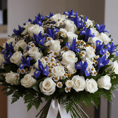 BLUE PURITY – Bouquet of White Roses and Irises