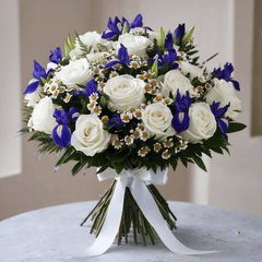 BLUE PURITY – Bouquet of White Roses and Irises