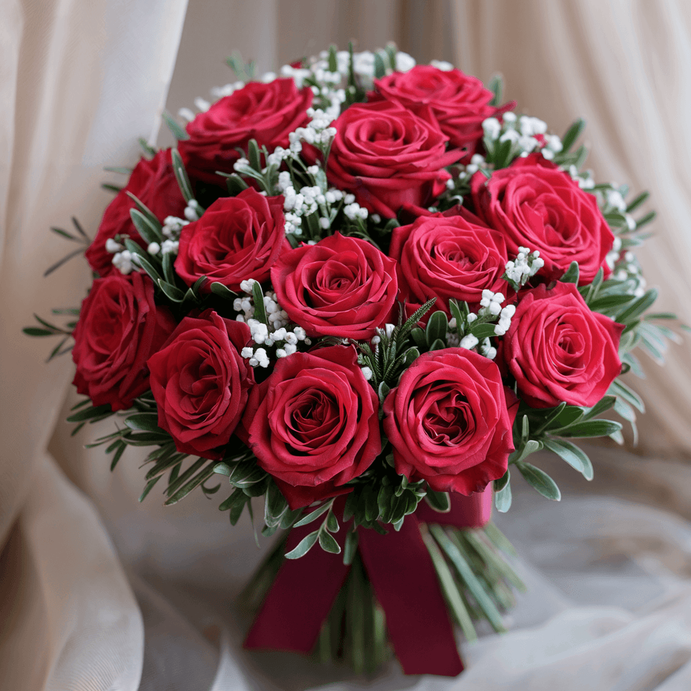30 rose rosse con verde e gypsophila. | Consegna Fiori a Domicilio per Best Seller, Compleanno, Festa della Donna, Festa della Mamma, Laurea, Natale, SAN VALENTINO
