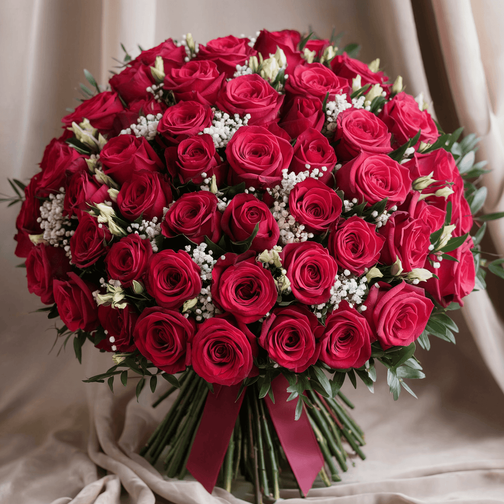 50 rose rosse con verde e gypsophila. | Consegna Fiori a Domicilio per Best Seller, Compleanno, Festa della Donna, Festa della Mamma, Laurea, Natale, SAN VALENTINO