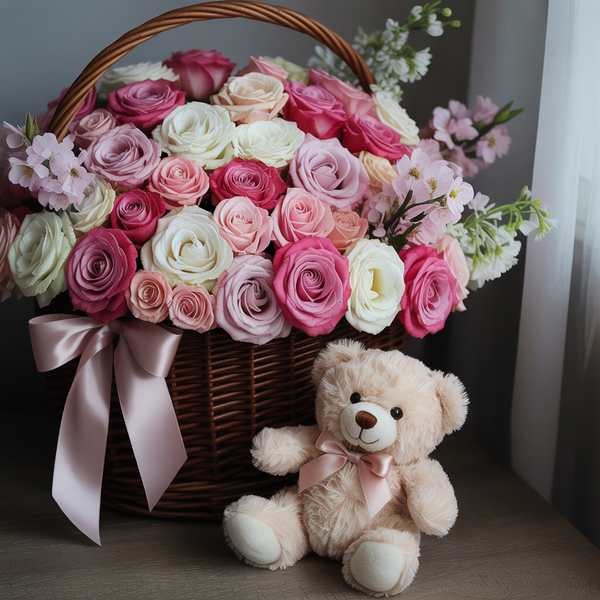 Cesto piccolo Roselline e Orsetto | Consegna Fiori a Domicilio per ANNIVERSARI, Compleanno, Festa della mamma, Laurea, MATRIMONIO, Nascita, Pasqua, RINGRAZIAMENTI, SAN VALENTINO