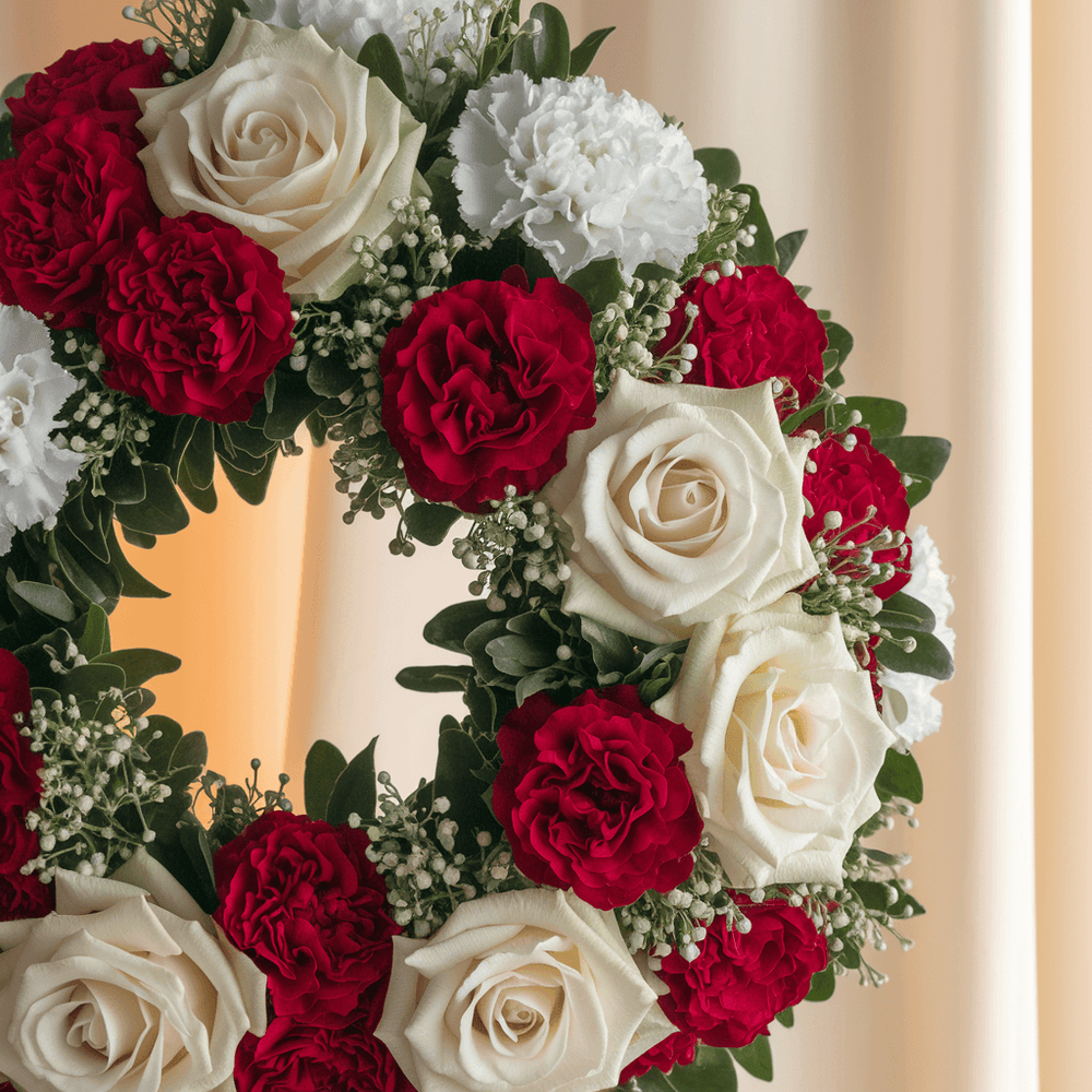 Corona con Fiori Bianchi e Rossi | Consegna Fiori a Domicilio per CONDOGLIANZE