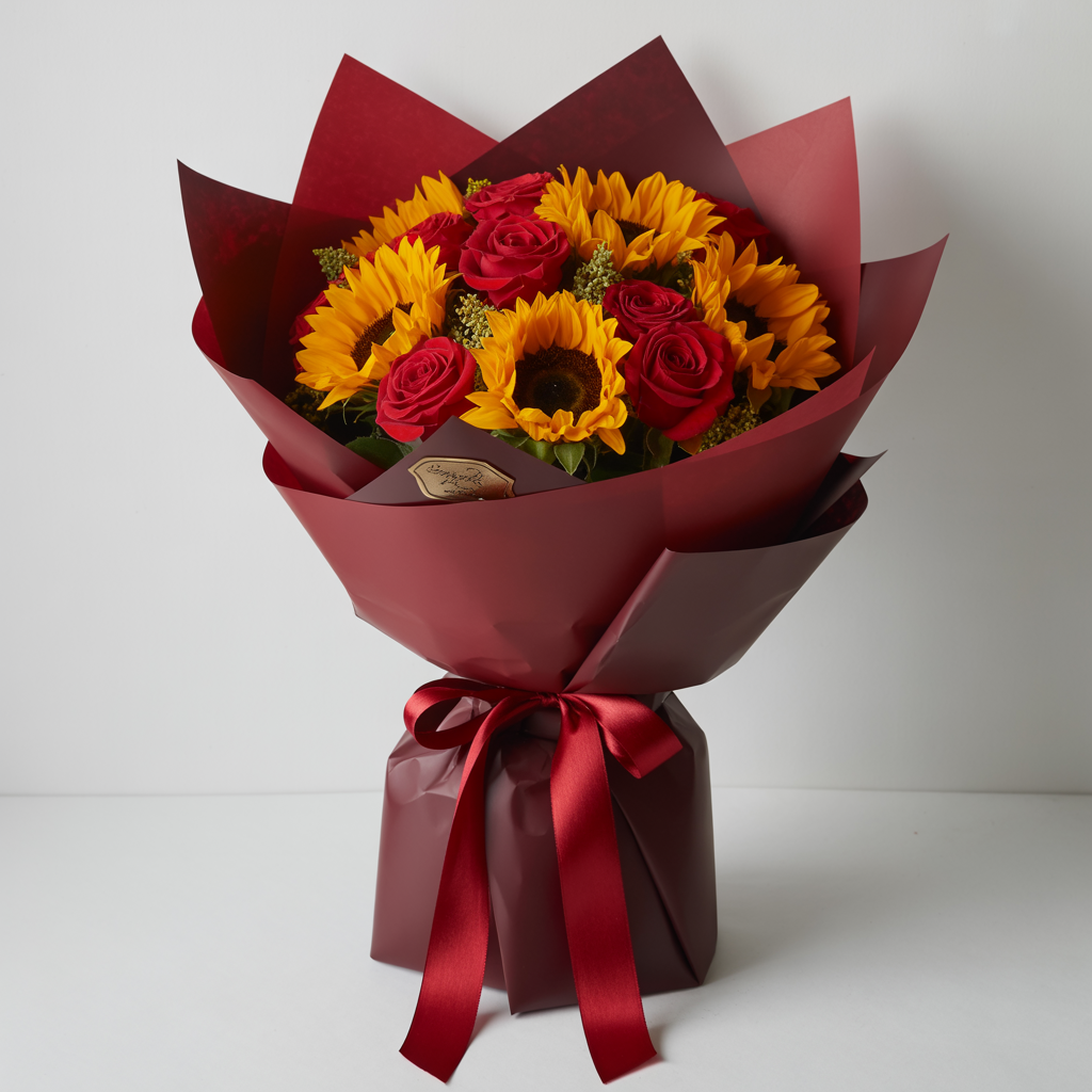 SPLENDORE SOLARE – Maxi Bouquet con Rose Rosse e Girasoli
