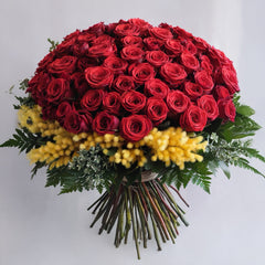 THE MOST IMPORTANT WOMAN - Red Roses with Mimosa (3 to 50 Roses)
