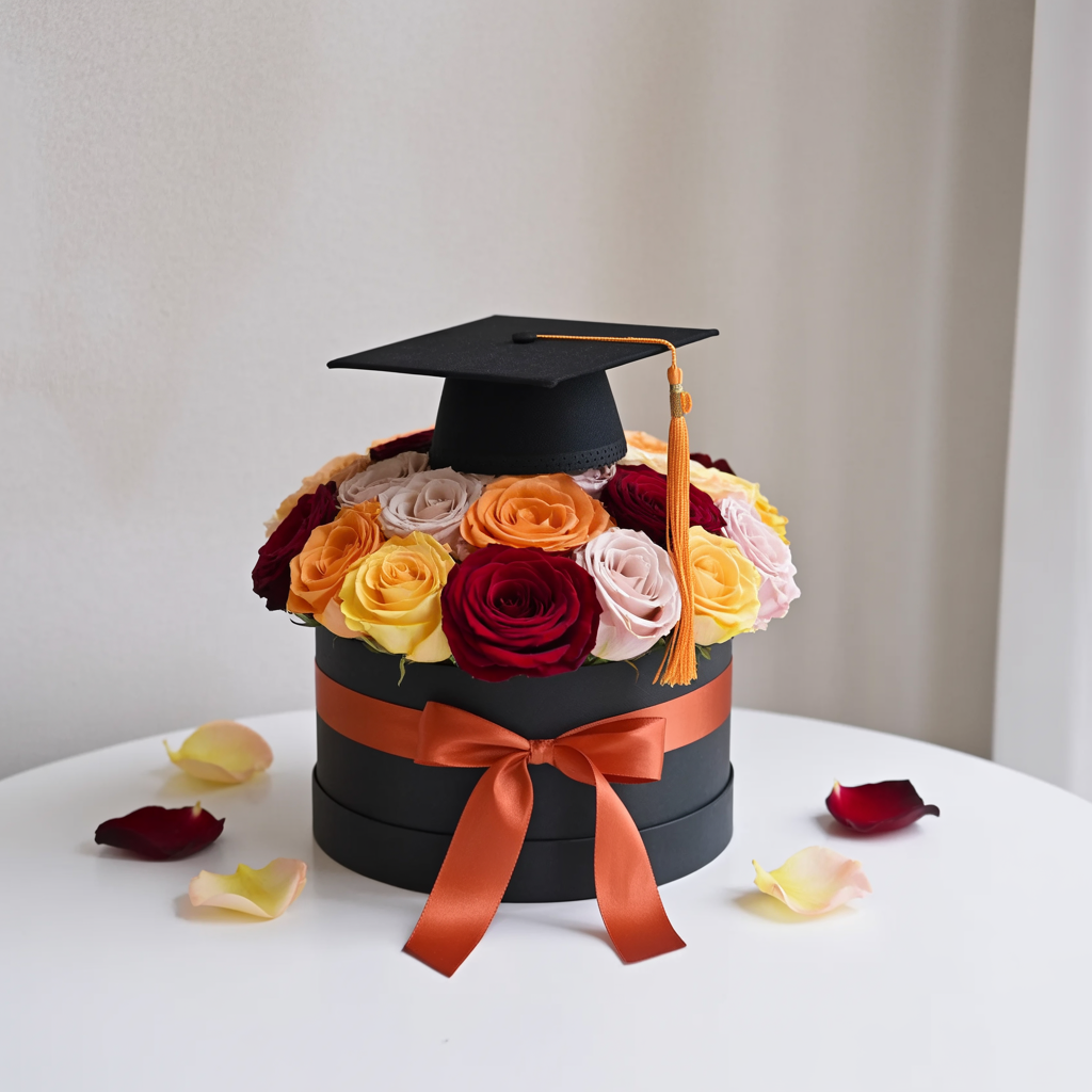 TRIONFO DI COLORI – Maxi Cappelliera di Rose (Blu, Rosse, Gialle e Miste con Tocco di Laurea)