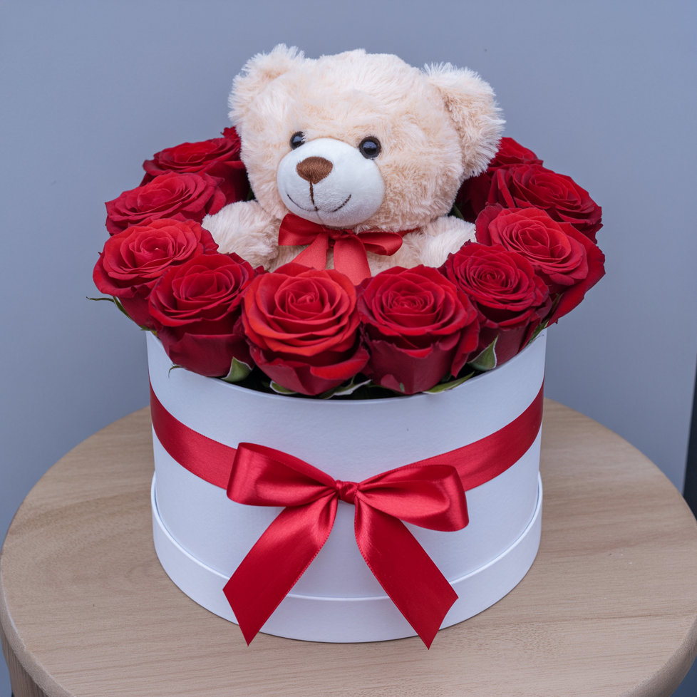 ABBRACCIO ROSSO – Scatola di Rose Rosse con Peluche (Disponibile in 3 Misure)