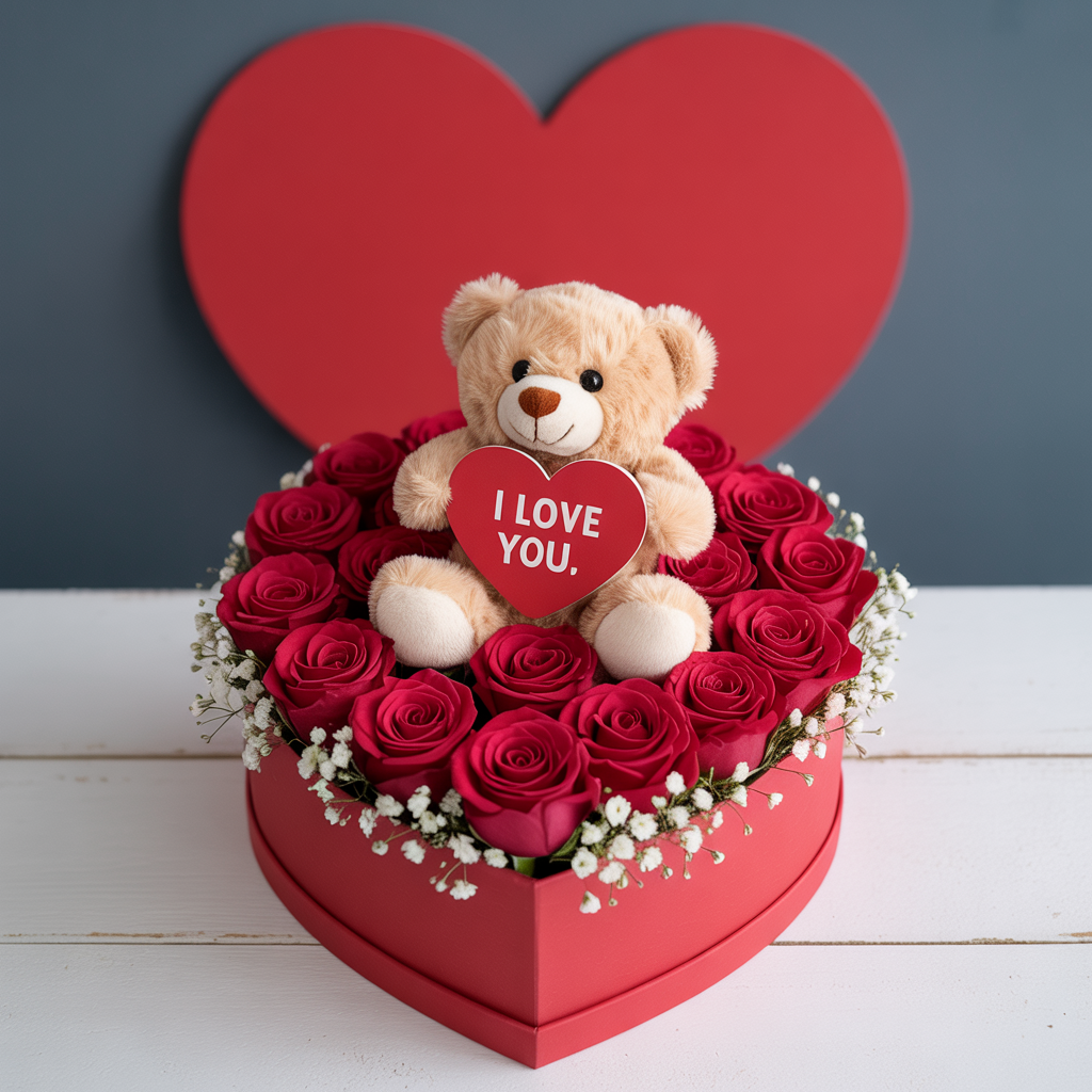 ABBRACCIO ROSSO – Scatola di Rose Rosse con Peluche (Disponibile in 3 Misure)