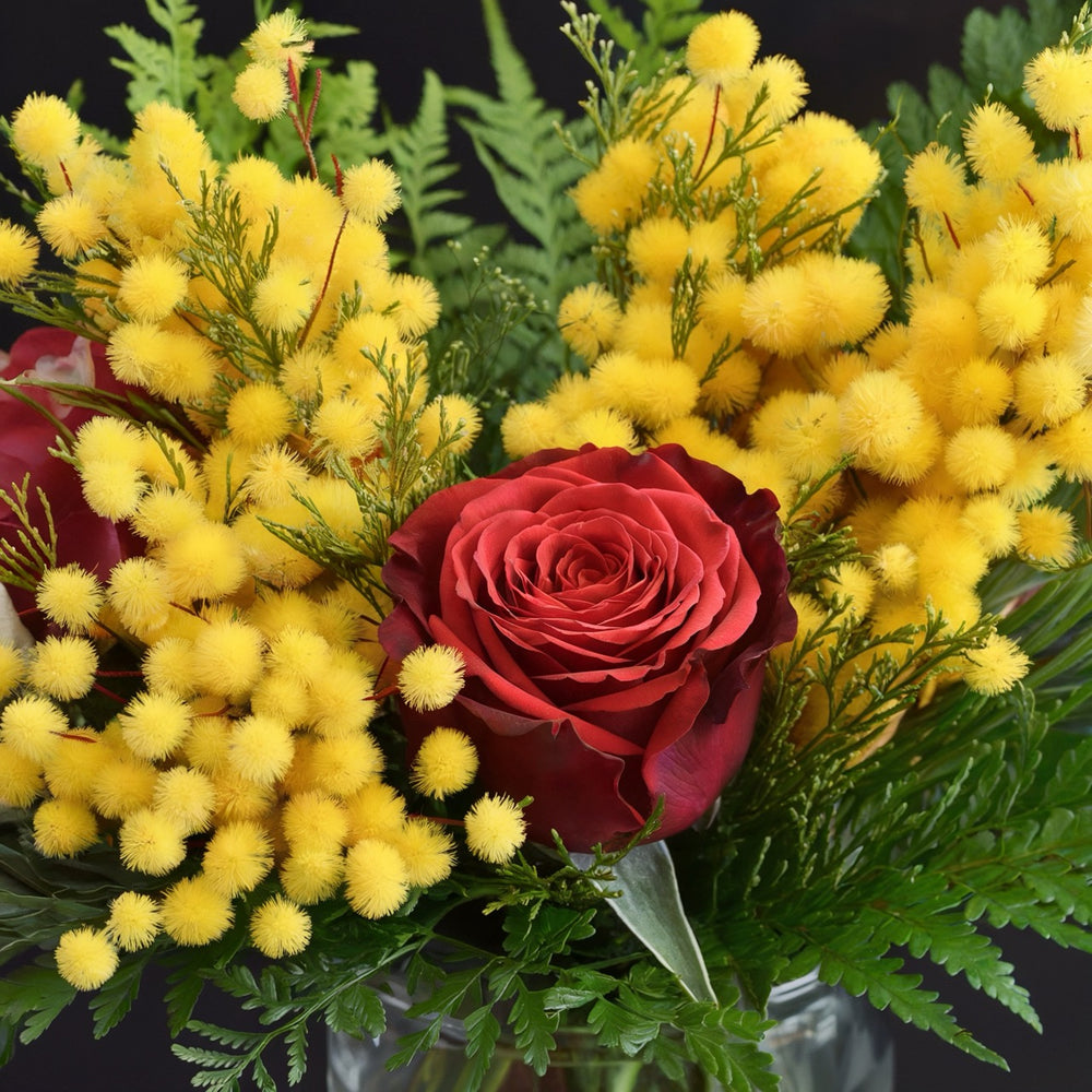 THE MOST IMPORTANT WOMAN - Red Roses with Mimosa (3 to 50 Roses)
