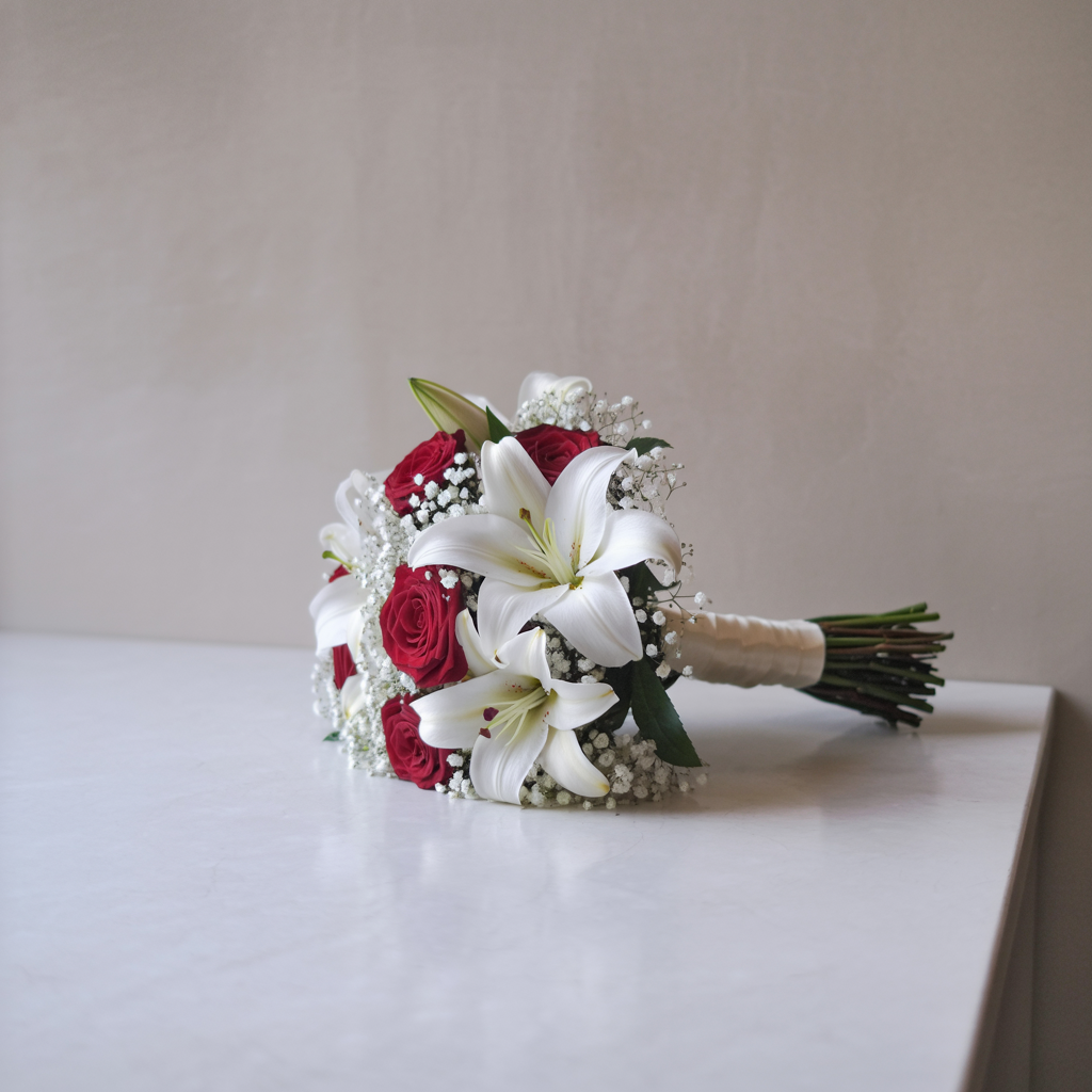 ARMONIA SCARLATTA – Bouquet di Roselline Rosse e Gigli