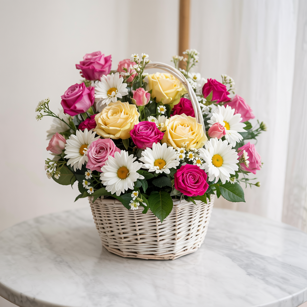 GIOIA FIORITA – Cesto Elegante con Rose Gialle, Rosse e Margherite