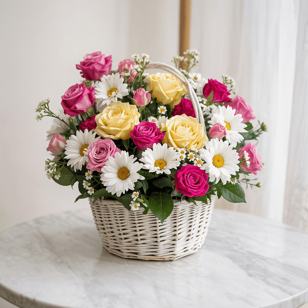 Cesto Elegante piccolo con Rose Gialle, Rosse e Margherite | Consegna Fiori a Domicilio per ANNIVERSARI, ANNIVERSARIO, Compleanni, Compleanno, Festa della Donna, Festa della mamma, Laurea, MATRIMONIO, Nascita, Pasqua, RINGRAZIAMENTI