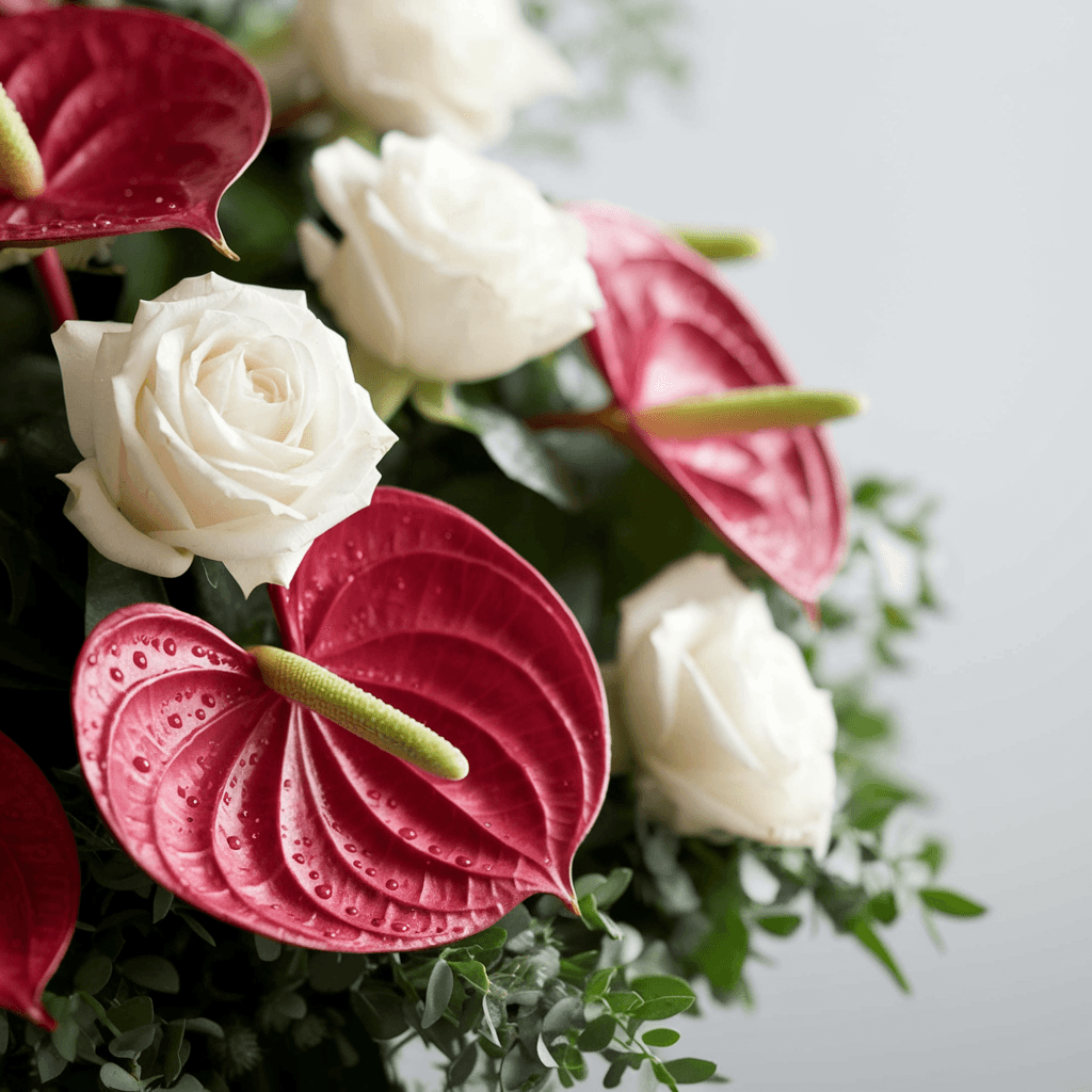 anthurium rosso significato Composizione Floreale Funebre con Anthurium Rossi e Rose Bianche – Eleganza e Rispetto