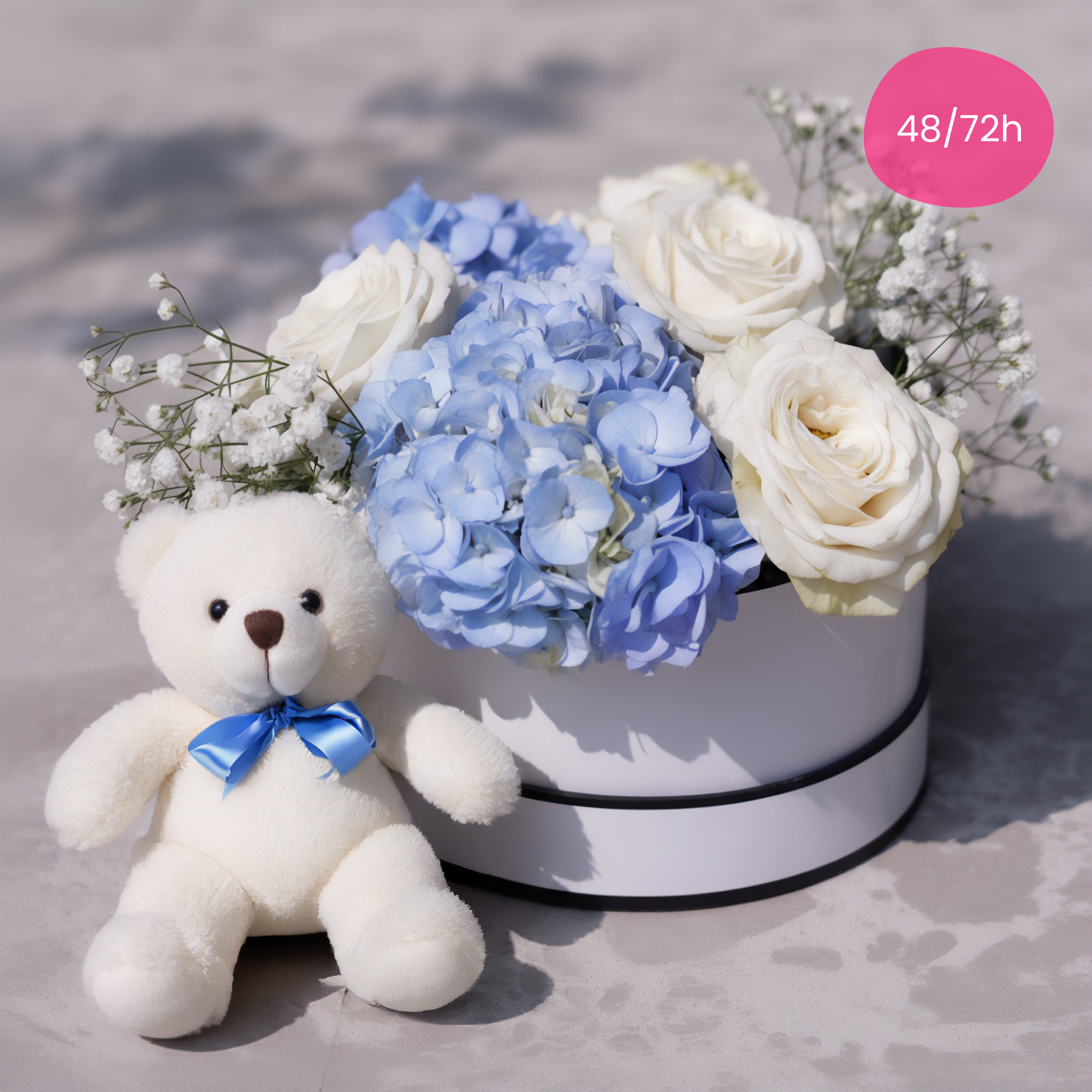 PUREZZA INCANTATA – Flower Box Rose Bianche e Fiori con Peluche