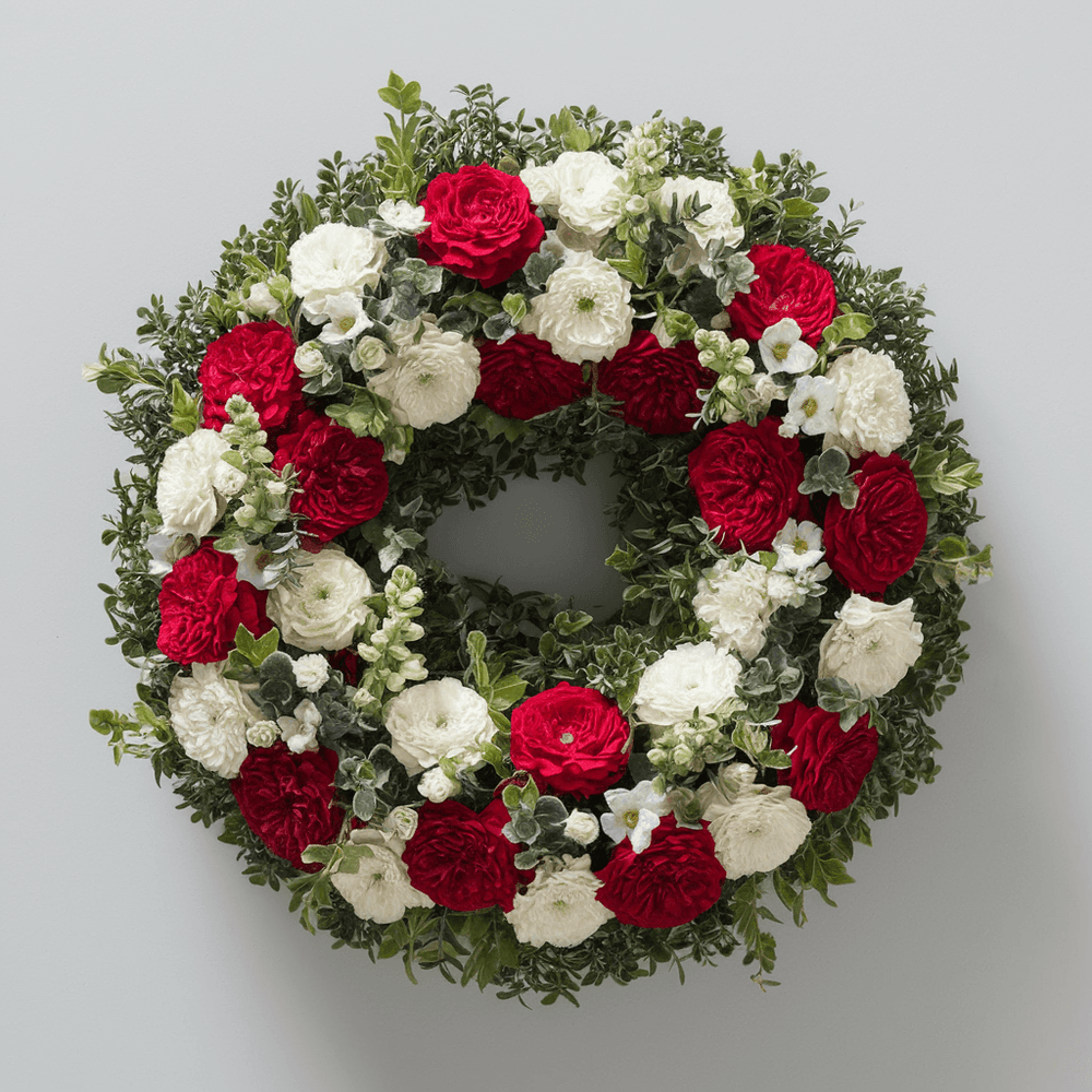 Corona con Fiori Bianchi e Rossi | Consegna Fiori a Domicilio per CONDOGLIANZE