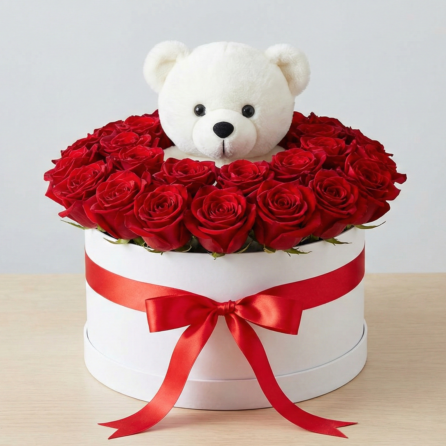 ABBRACCIO ROSSO – Scatola di Rose Rosse con Peluche (Disponibile in 3 Misure)