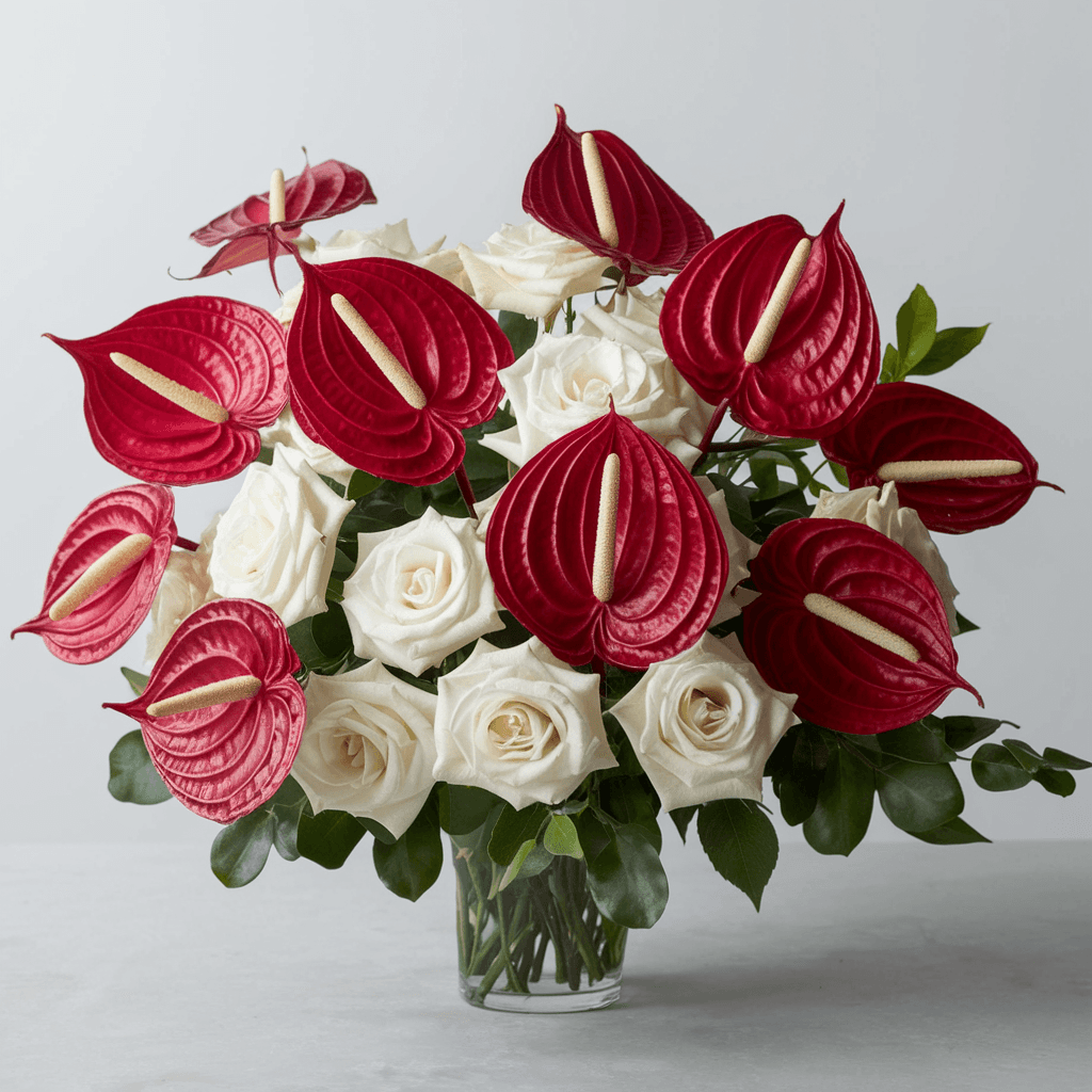 anthurium rossi Composizione Floreale Funebre con Anthurium Rossi e Rose Bianche – Eleganza e Rispetto